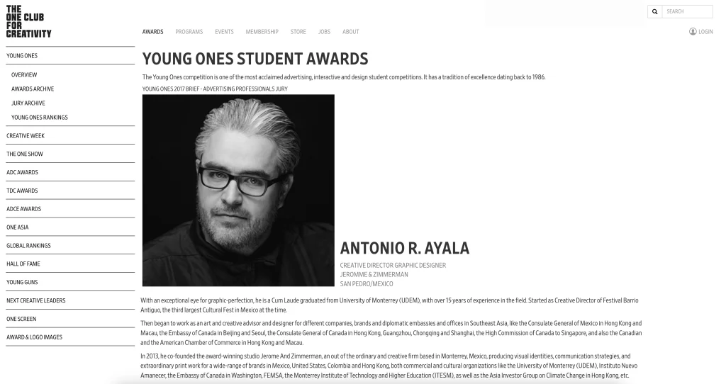 Screenshot from The One Club for Creativity website featuring Antonio R. Ayala listed as jury members.