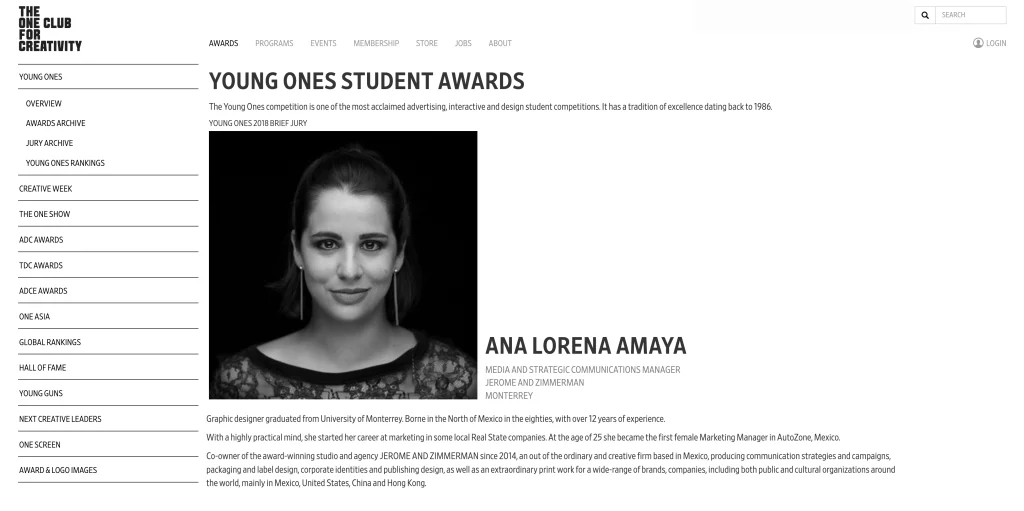 Screenshot from The One Club for Creativity website featuring Ana Lorena Amaya listed as jury members.